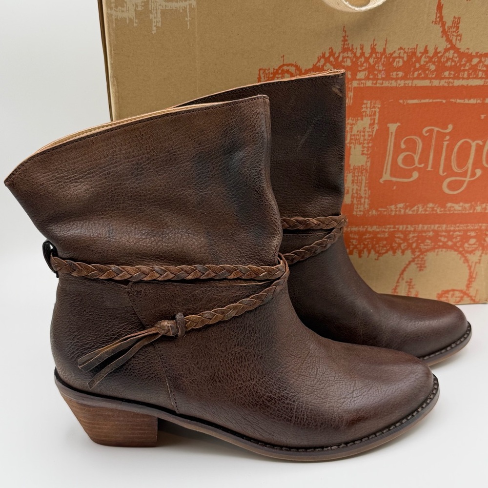 Latigo Dosha Women's Brown Leather Ankle Boots‎ Size 9 M Braided Strap